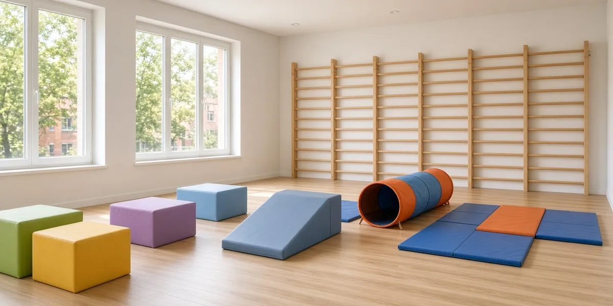 Sala de usos múltiples de una escuela infantil con bloques de espuma, rampa acolchada, túnel de tela y colchonetas preparados como circuito de movimiento