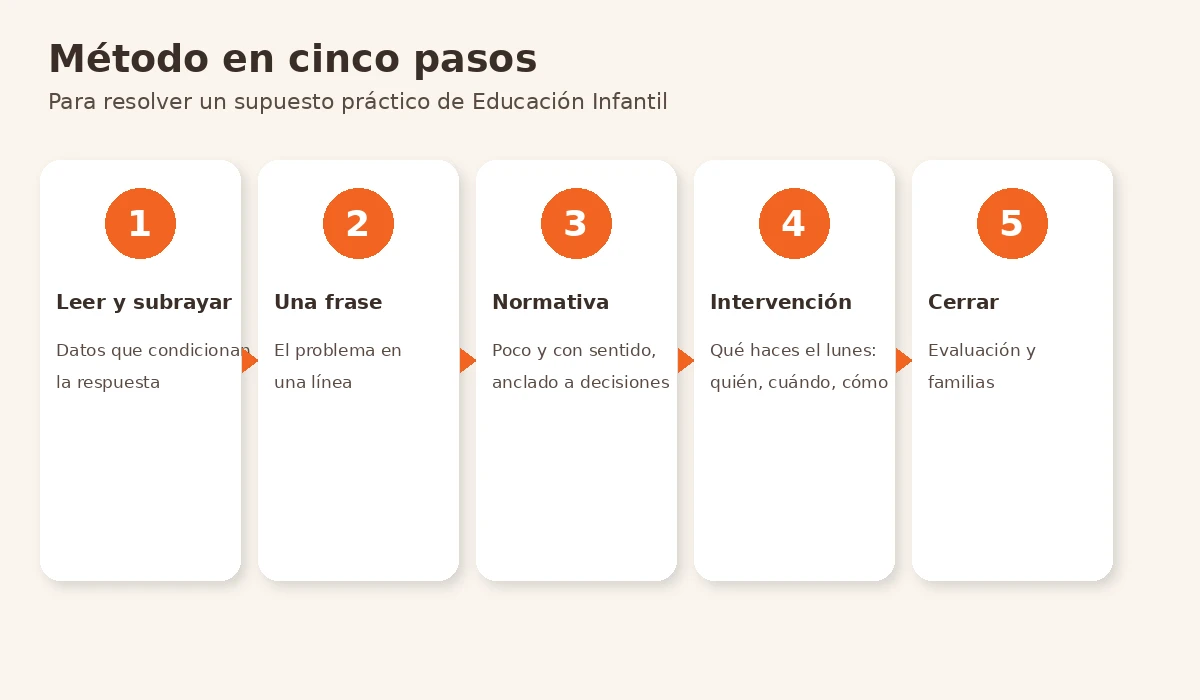 Esquema en cinco pasos para resolver un supuesto práctico de Educación Infantil: leer y subrayar, una frase, normativa, intervención y cierre con familias