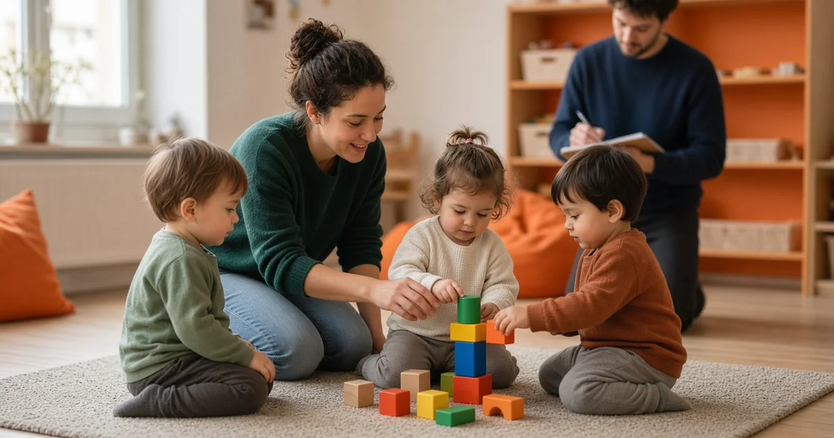 Educadora infantil trabaja con niños de dos años en un aula mientras un compañero toma notas de observación