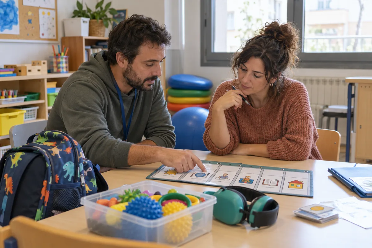 Integrador social y maestra coordinan en el aula de apoyo de un colegio el plan de trabajo con un alumno