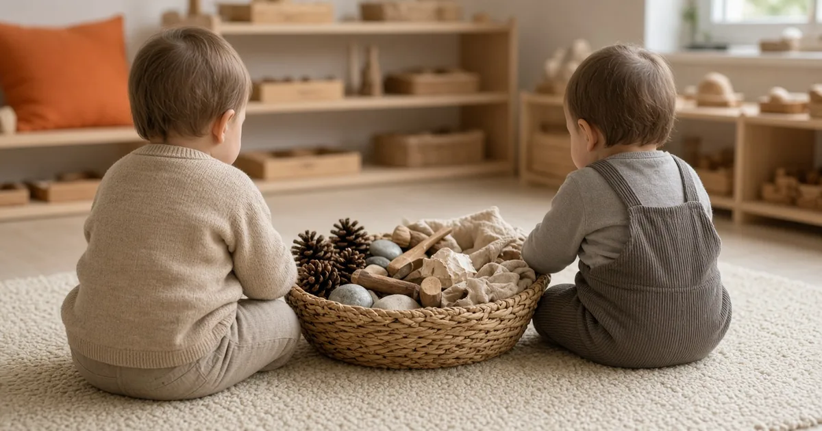 Dos niños pequeños de espaldas exploran sobre una alfombra una cesta de mimbre con piñas, piedras, cucharas de madera y telas