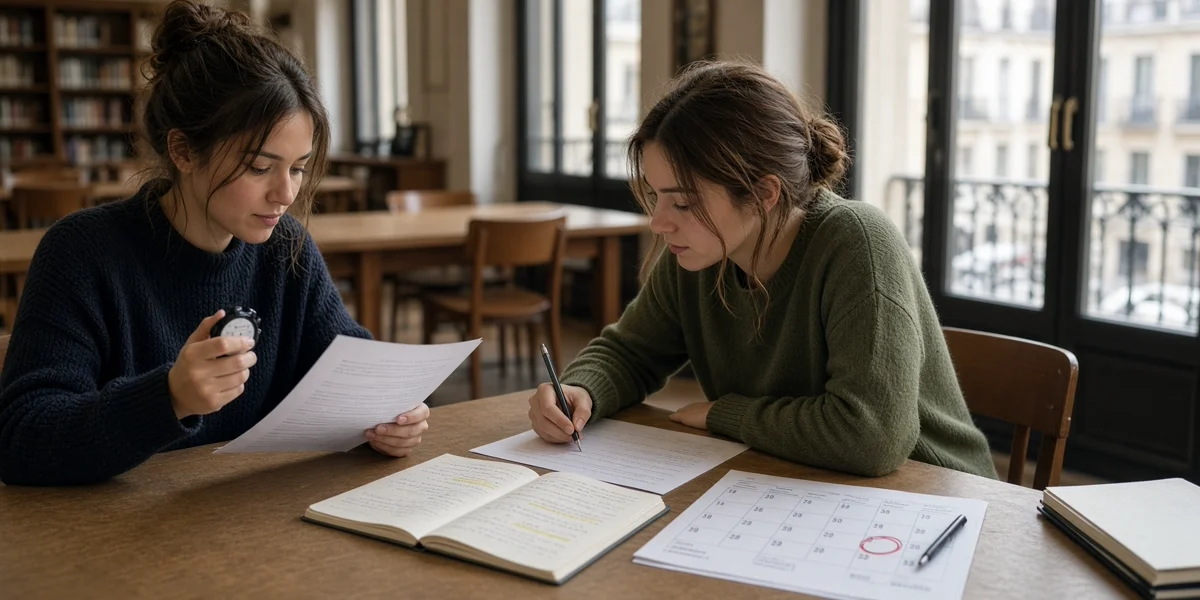 Dos opositoras hacen un simulacro de test con cronómetro en una biblioteca