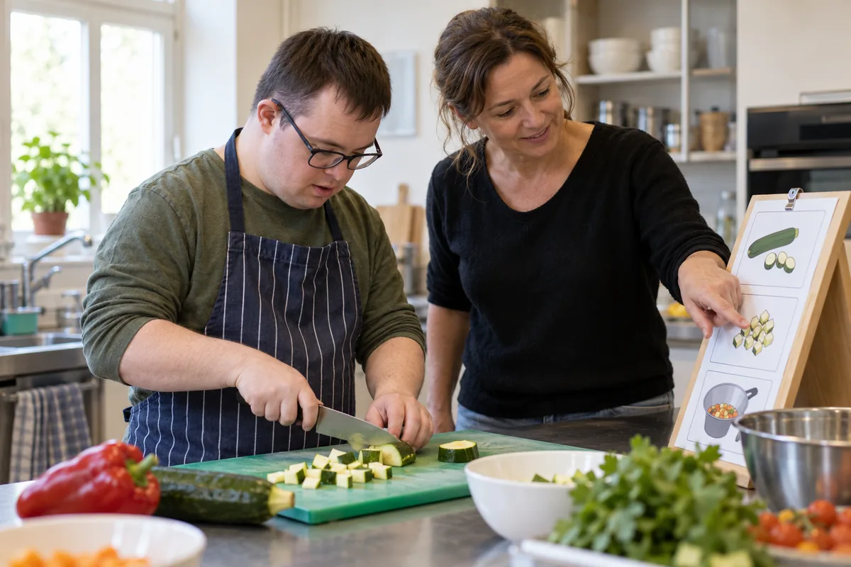 Educadora y un hombre adulto con discapacidad intelectual preparan juntos una receta en la cocina de un centro de día